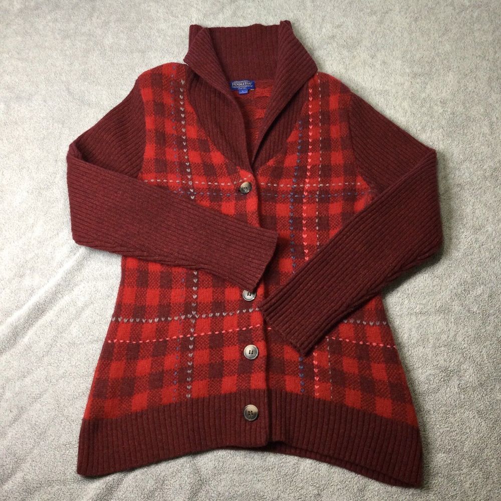 Pendleton Cardigan Womens L‎ Petite Red Wool Blend Checked Preppy